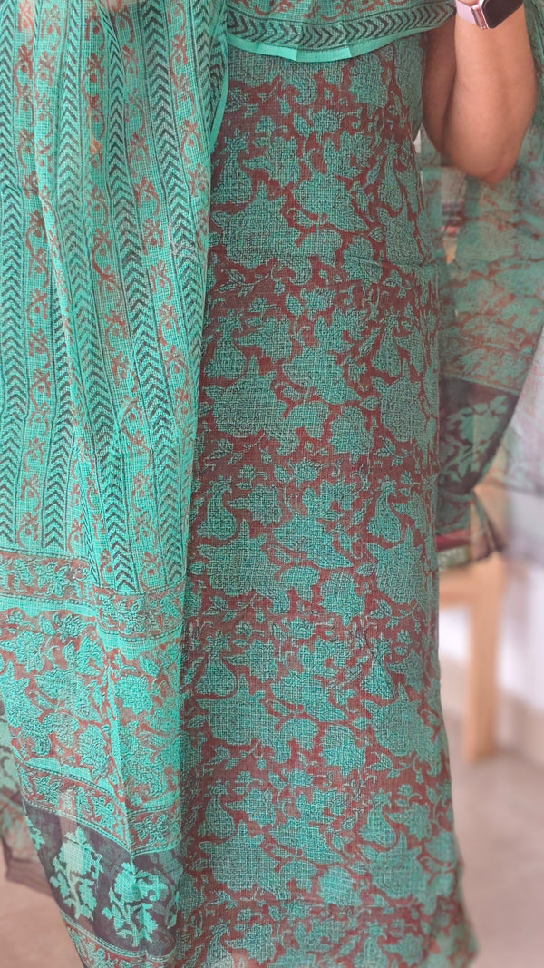 Green and brick red kota doria suit - GD331
