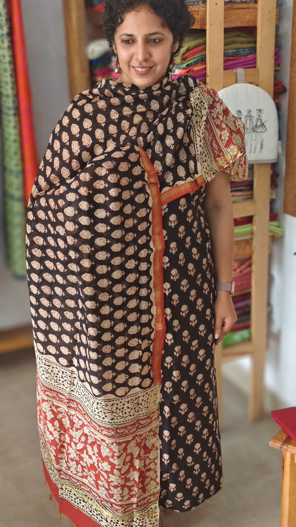 Black and brick red chanderi silk suit