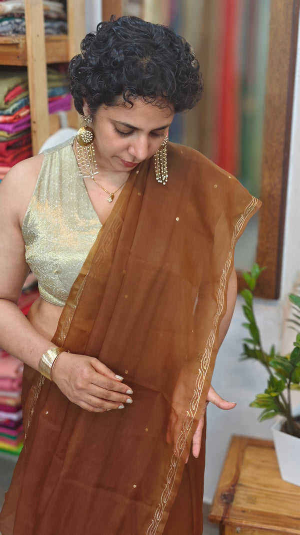 Olive Brown Organza saree with Pita Work Embroidery - TD16 - 3O