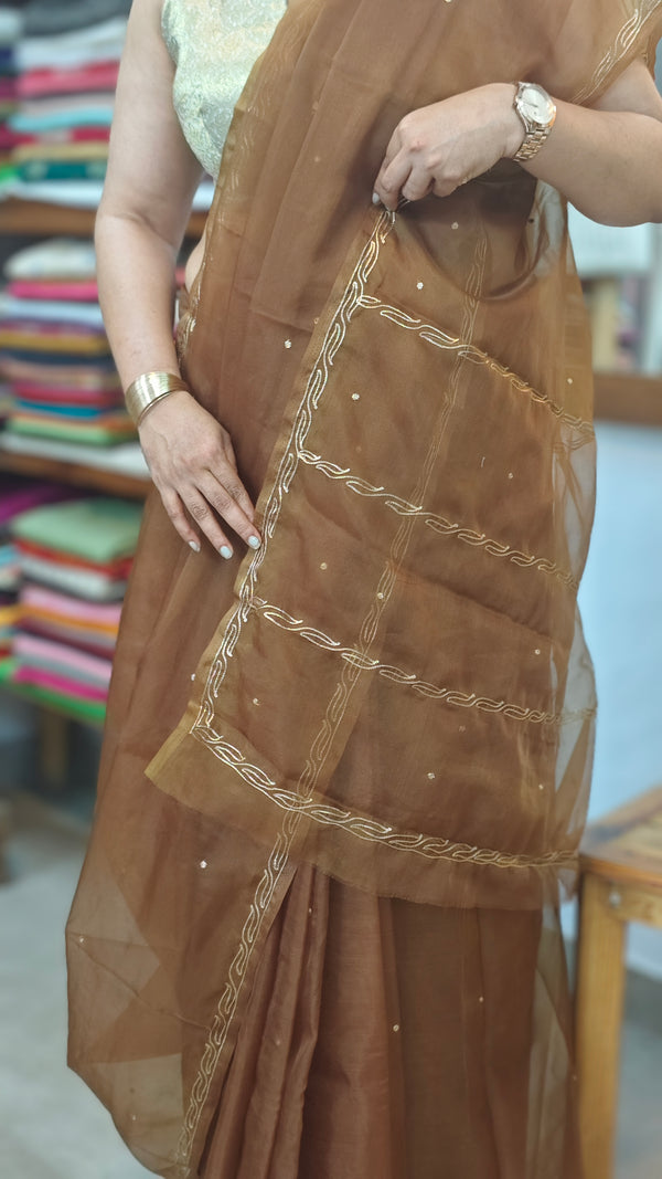 Olive Brown Organza saree with Pita Work Embroidery - TD16 - 3O