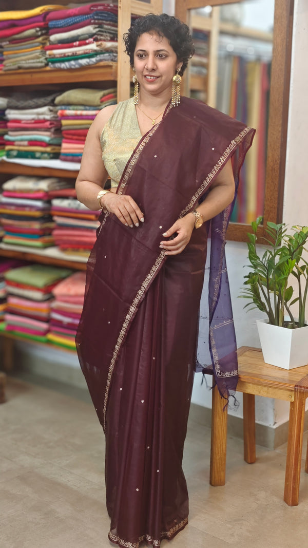 Wine shade organza saree with Pita Work Embroidery - TD16 - 4W