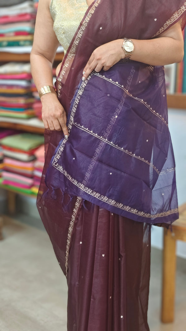 Wine shade organza saree with Pita Work Embroidery - TD16 - 4W