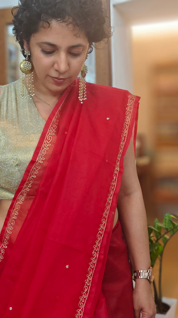 Red Organza Saree with Pita Work Embroidery - TD16 - 5R