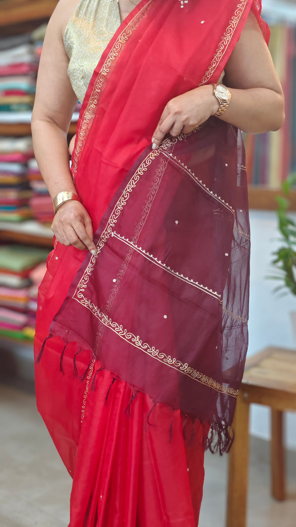 Red Organza Saree with Pita Work Embroidery - TD16 - 5R