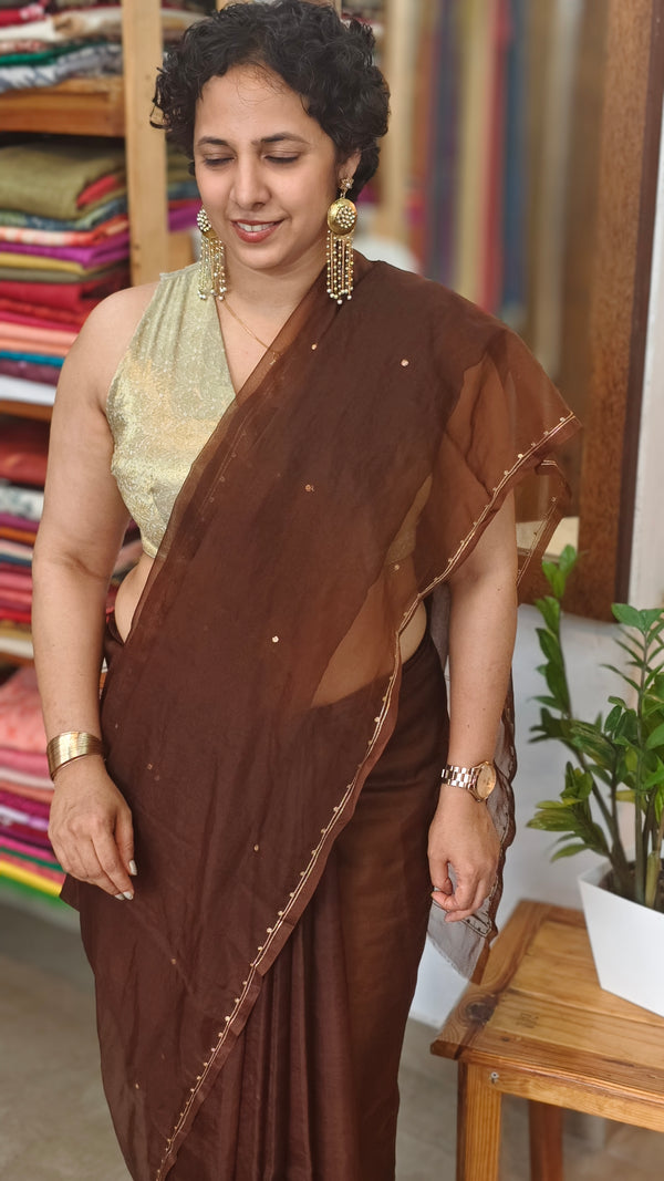 Dark Brown Organza Saree with Pita work Embroidery - TD16 - 6D