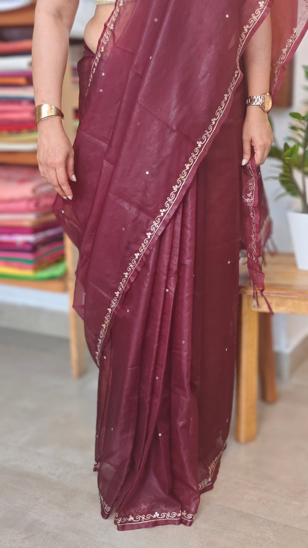 Plum shade Organza Saree with Pita embroidery - TD16 - 7P