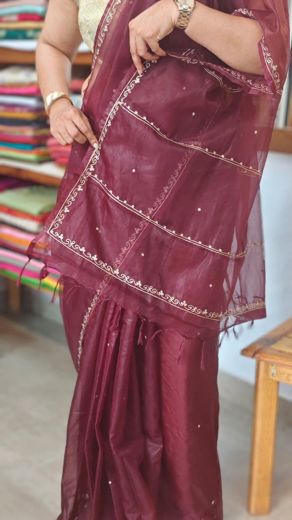 Plum shade Organza Saree with Pita embroidery - TD16 - 7P