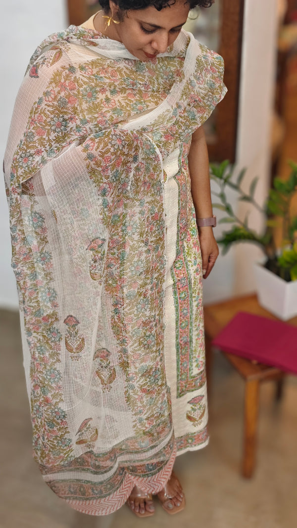 Cotton Hakoba Block printed Suit - Cream,Pink and Green - CNA8