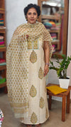 Cream Block Printed cotton hakoba - Cream, Mustard and Green - CNA8