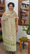 Cream Block Printed Cotton hakoba Suit - Cream, Green and Mustard - CNA8