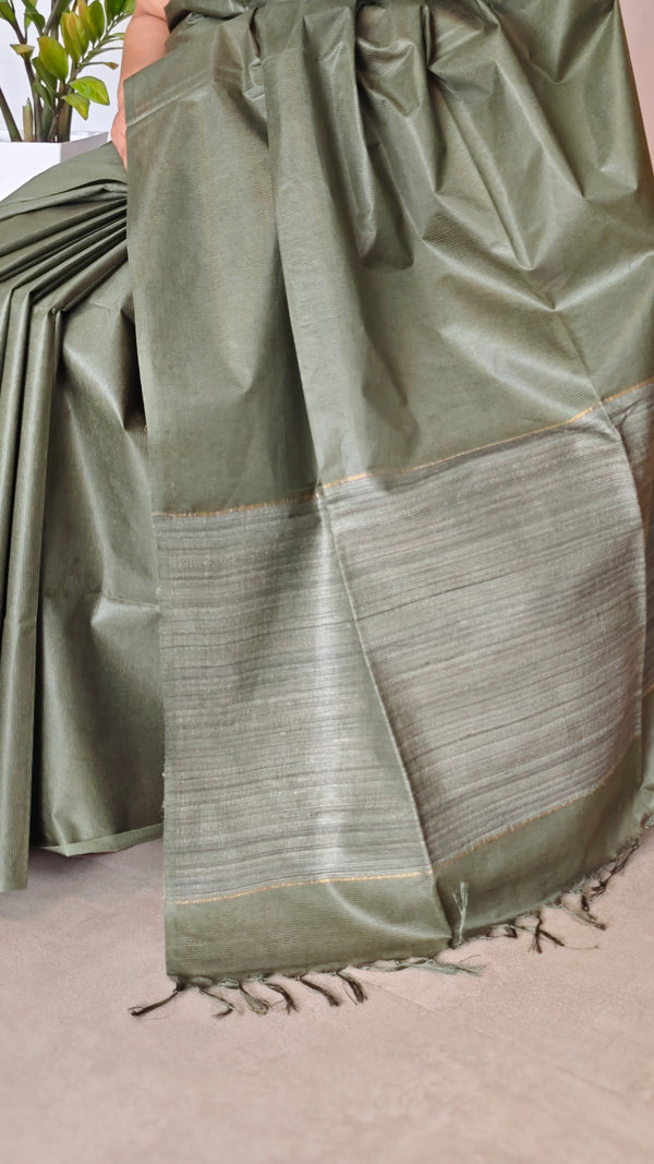 Moss Green Lined Noil Tussar Silk Saree - CNL3