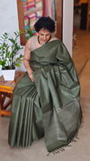 Moss Green Lined Noil Tussar Silk Saree - CNL3