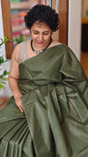 Moss Green Lined Noil Tussar Silk Saree - CNL3