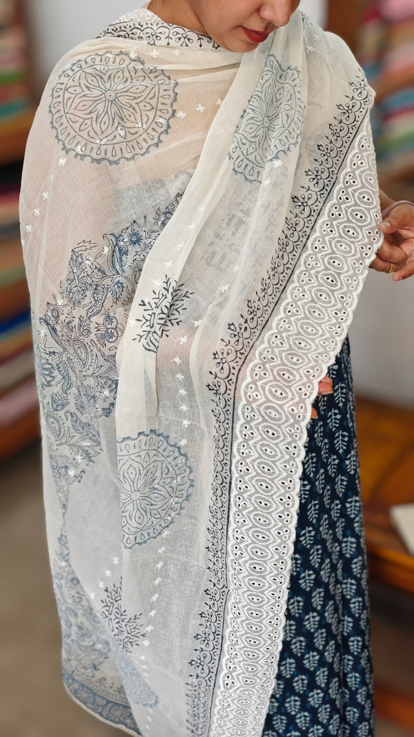 Indigo and white block printed cotton suit - BS10 - 1