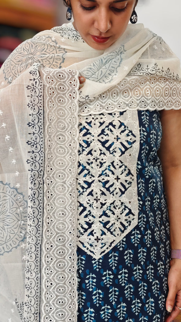 Indigo and white block printed cotton suit - BS10 - 1