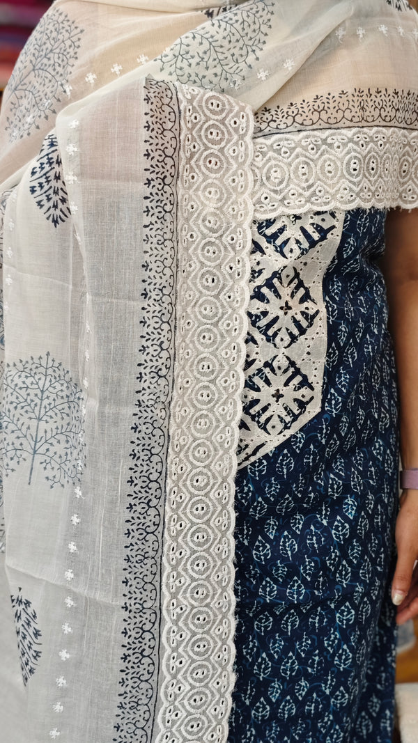 Indigo and white block printed cotton suit - BS10 - 2