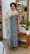 Blue block printed cotton suit with chiffon dupatta