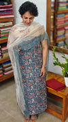 Blue block printed cotton suit with chiffon dupatta