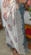 Blue block printed cotton suit with chiffon dupatta