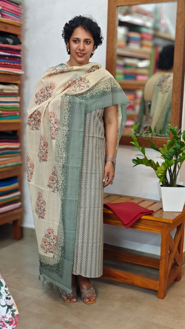 Teal Block Printed cotton suit with linen dupatta