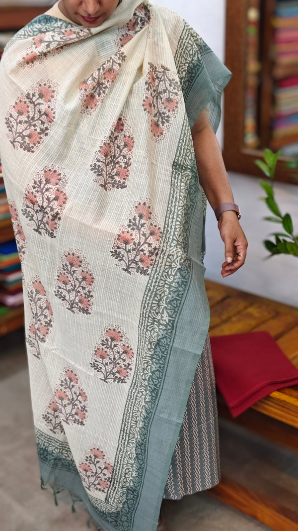Teal Block Printed cotton suit with linen dupatta