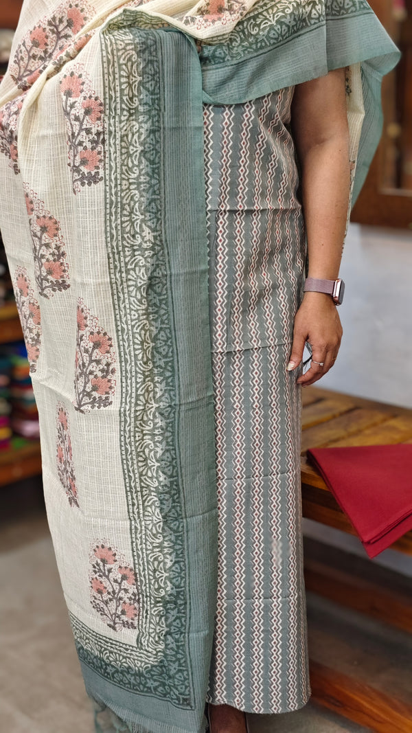 Teal Block Printed cotton suit with linen dupatta