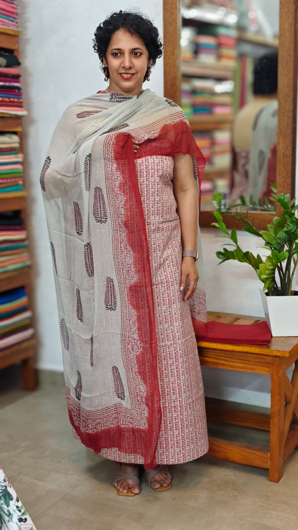 Red block printed cotton suit with chiffon dupatta