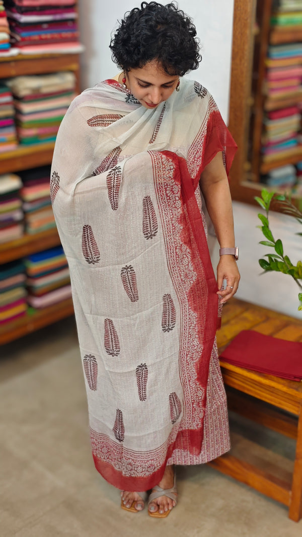 Red block printed cotton suit with chiffon dupatta