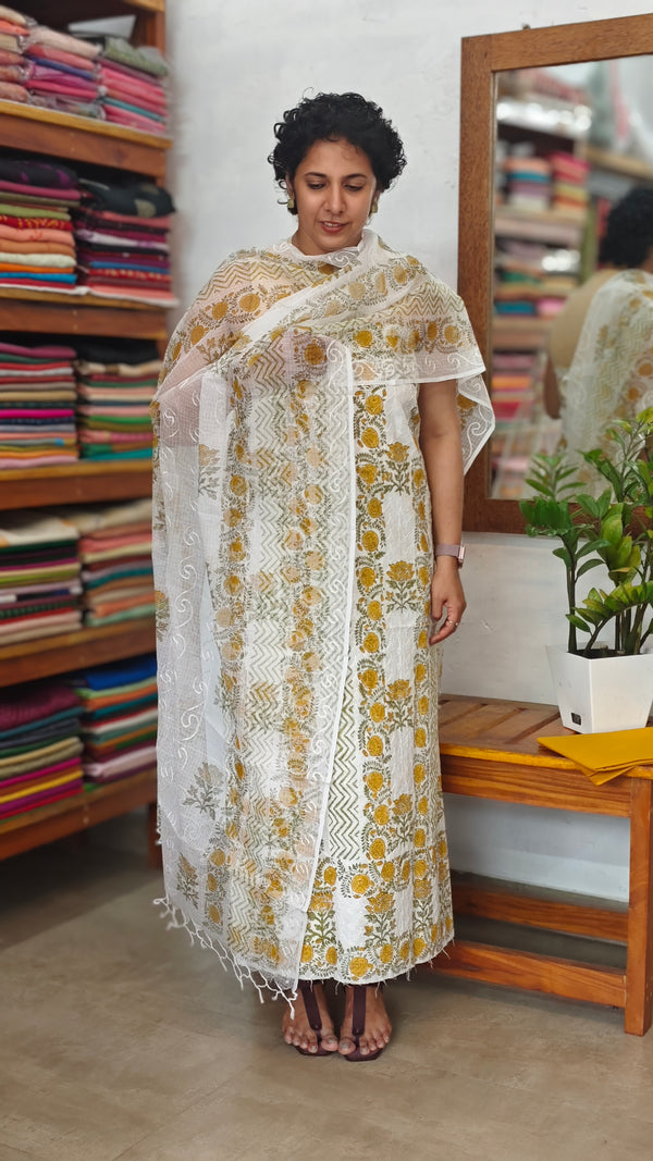 Off white and mustard Block Printed Cotton Suit