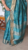 Peacock Blue Printed Tussar Silk Saree