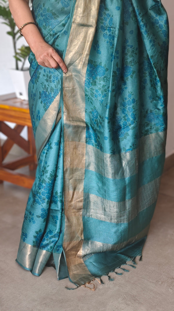 Peacock Blue Printed Tussar Silk Saree