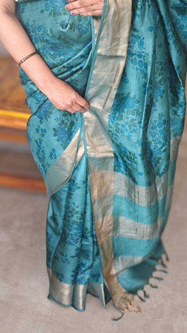 Peacock Blue Printed Tussar Silk Saree