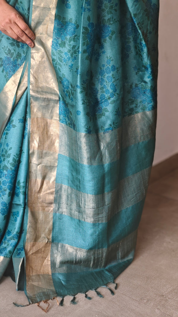 Peacock Blue Printed Tussar Silk Saree