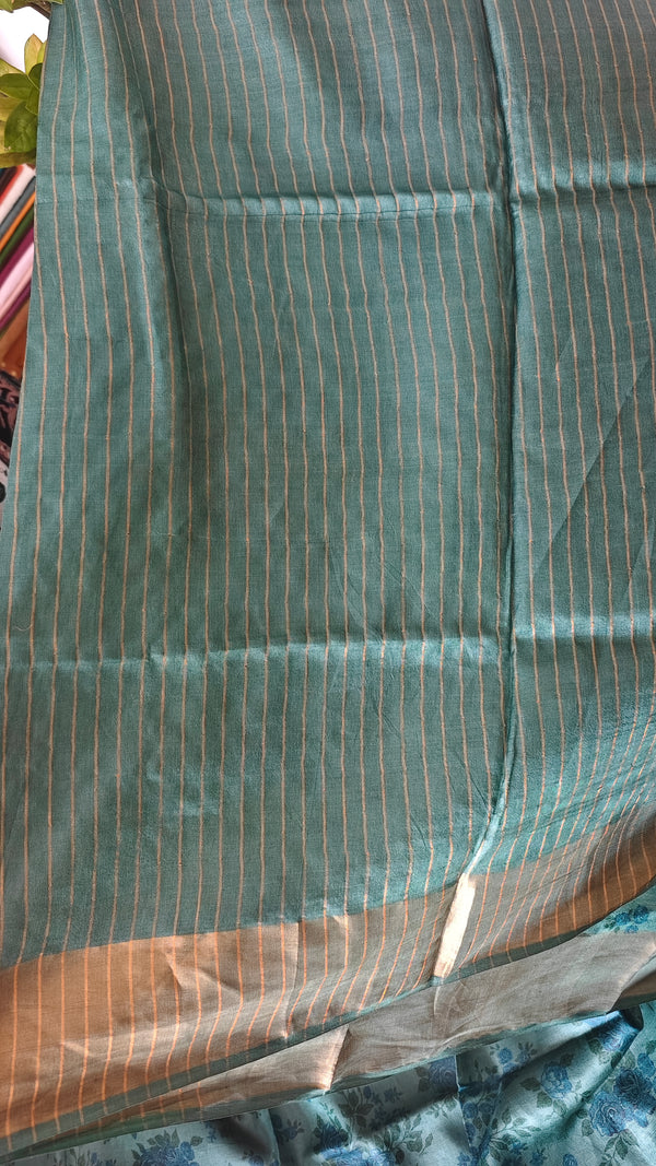 Peacock Blue Printed Tussar Silk Saree