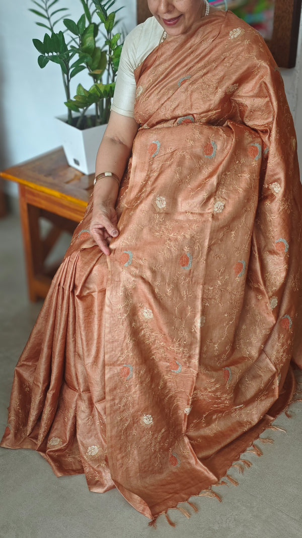 Golden Brown Tussar Silk Saree - FSM8