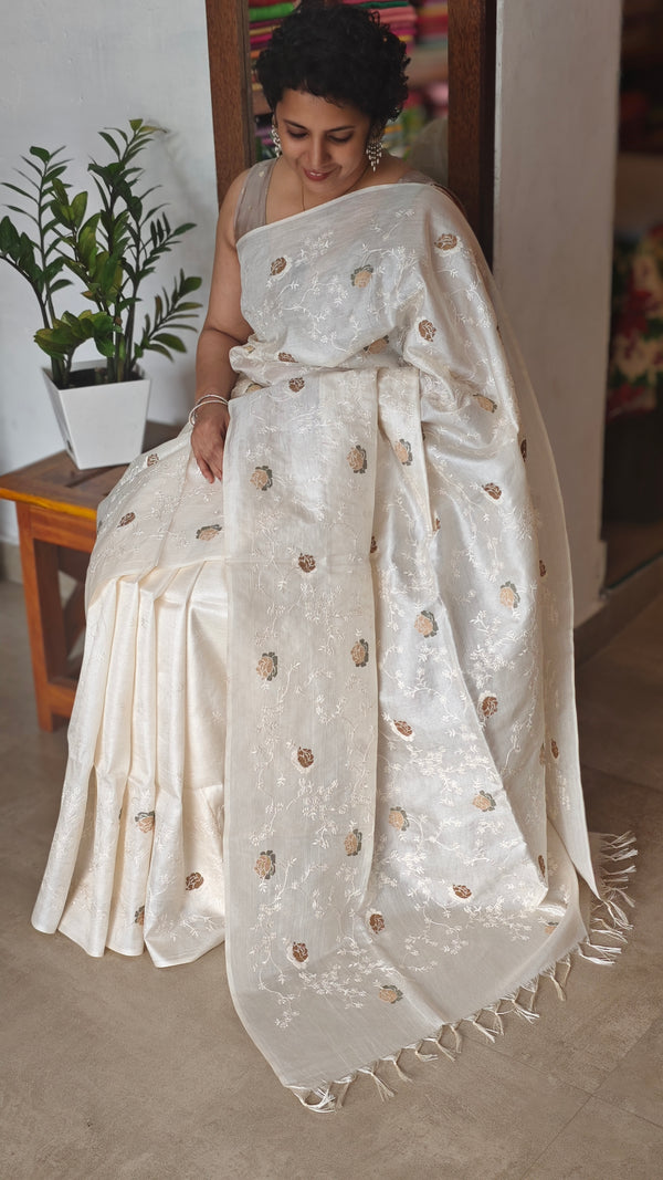 Off White Tussar Silk Saree - FSM8