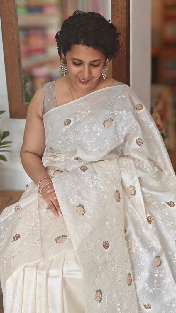 Off White Tussar Silk Saree - FSM8