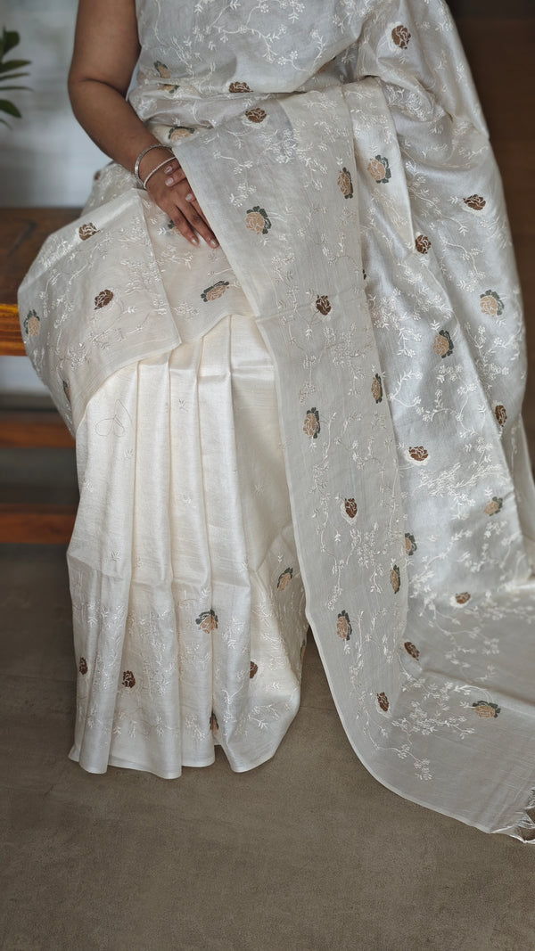Off White Tussar Silk Saree - FSM8