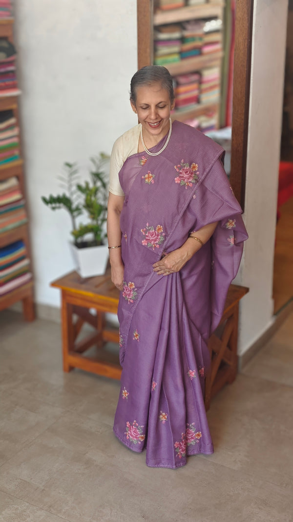 Purple Silky Kota Embroidered Saree - JCX