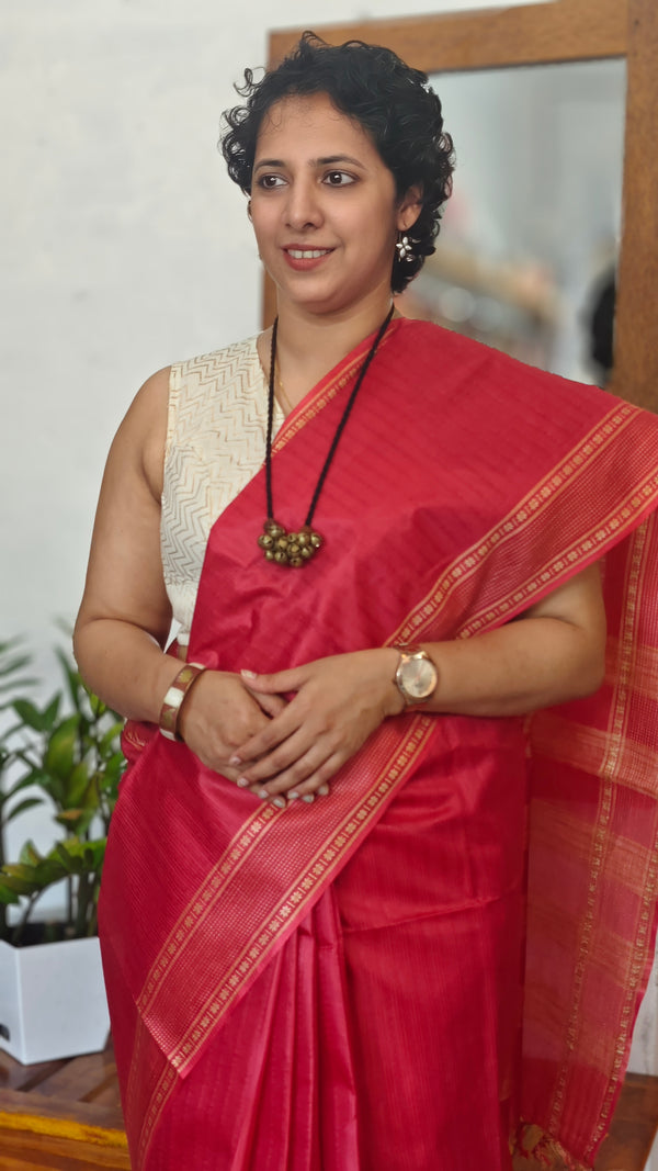 Red Woven Semi Tussar Silk Saree - TF51