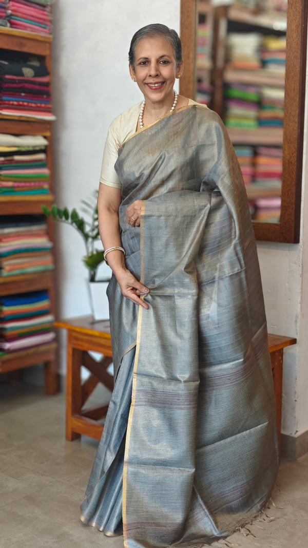 Metallic Grey tussar tissue saree - CCK3