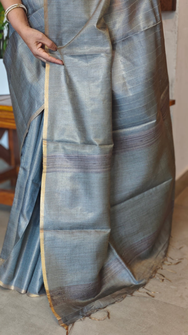 Metallic Grey tussar tissue saree - CCK3
