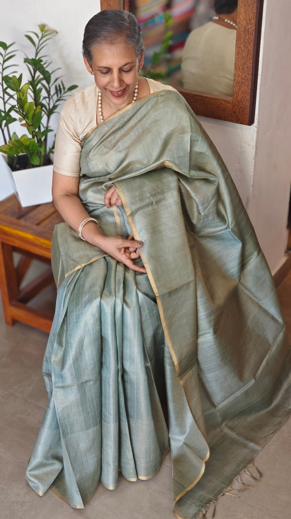 Metallic Teal Tussar Tissue Saree - CCK3