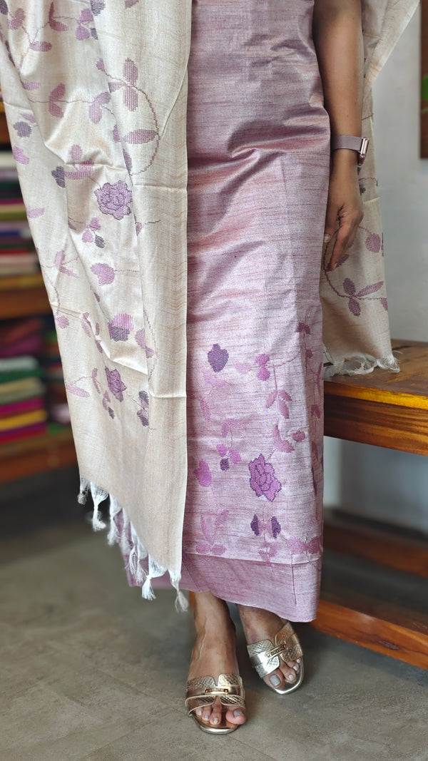 Lavender Cross Stitch Embroidered Semi Tussar Silk suit - MTV6 - J5