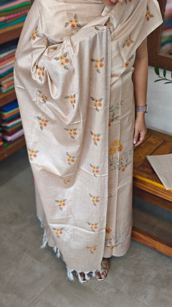 Light Beige Cross Stitch Embroidered Semi Tussar Silk Suit - MTV6 - D4