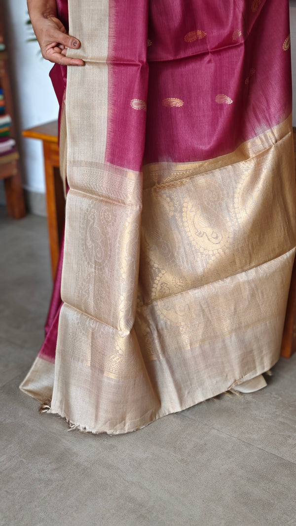 Maroon and Beige Handloom Tussar Silk Saree