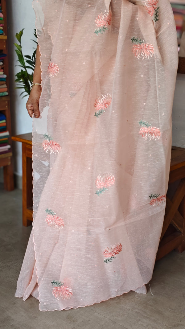 Peach Linen Chanderi Embroidered Saree - RL34