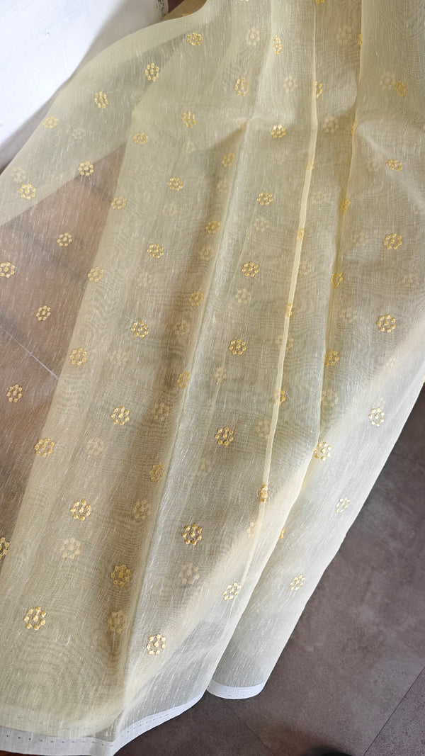 Pastel Yellow Linen Chanderi Embroidered Saree - RL34