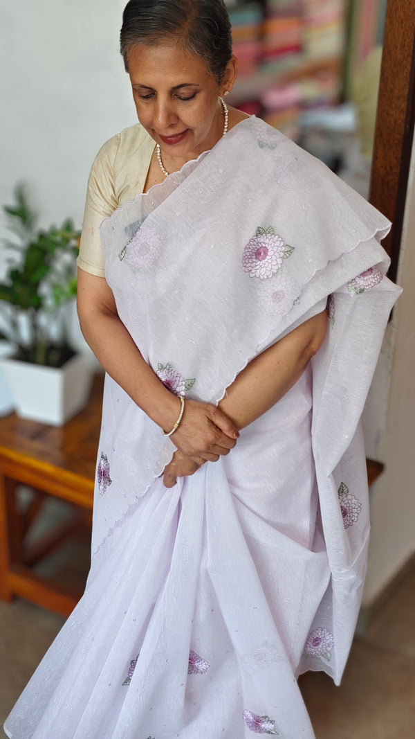 Light Lavender Linen Chanderi Embroidered Saree - RL34