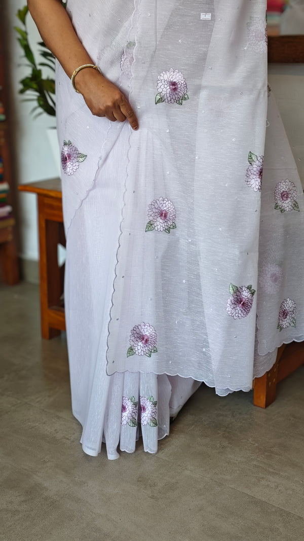 Light Lavender Linen Chanderi Embroidered Saree - RL34